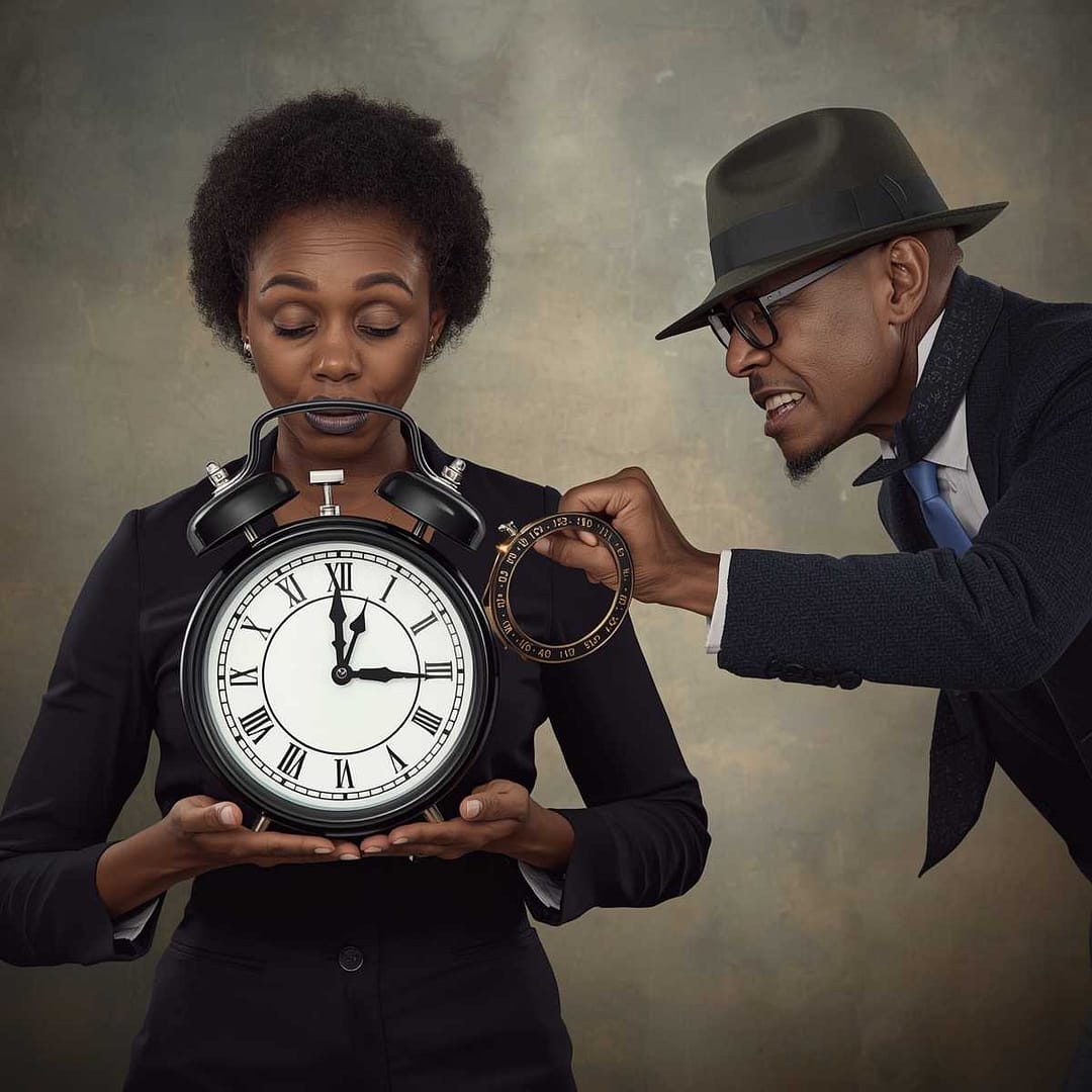 highcompress_A black woman with a clock that is being stolen by a sneaky time thief, representing the concept of time being taken away (1) highcompress_A black woman with a clock that is being stolen by a sneaky time thief, representing the concept of time being taken away (1)